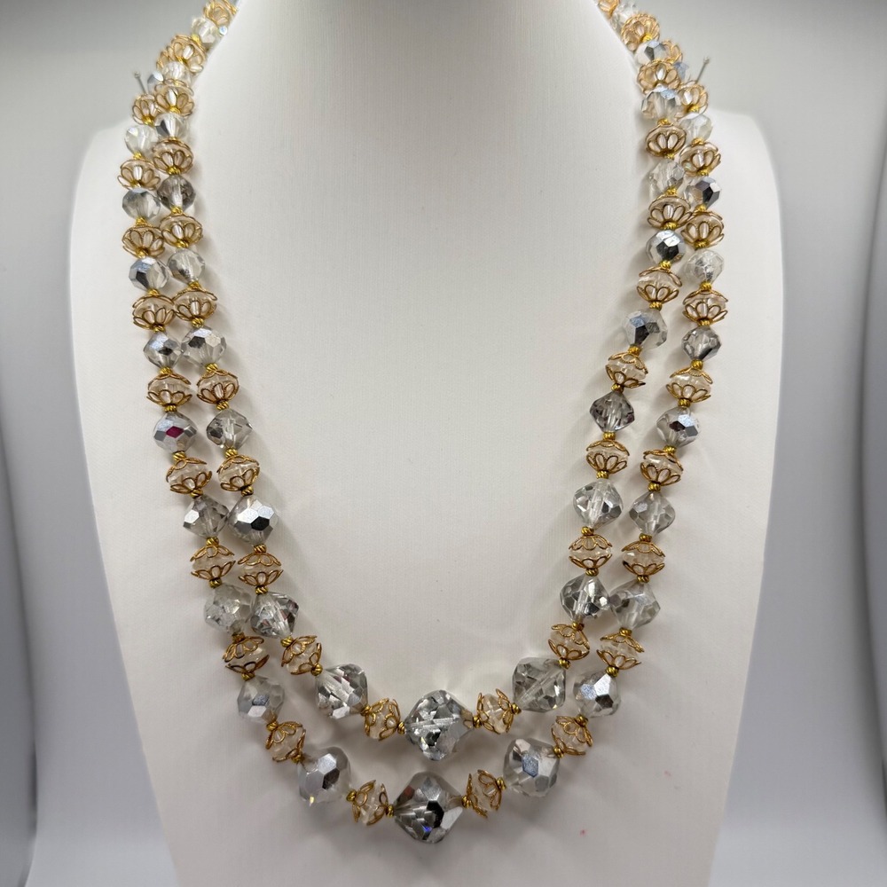 Vintage Double Strand Faceted Crystal Bead Necklace Gold Filigree Clear‎ Silver